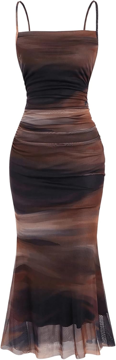 GORGLITTER Women’s Tie Dye Ruched Fishtail Maxi Dress Ombre Mesh Party Ruffle Cami Dresses