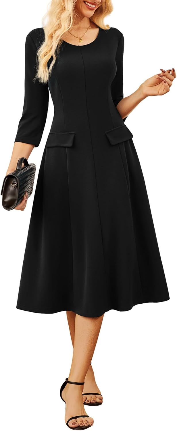 GRACE KARIN Dresses for Women Work Formal Business Dress Elegant Round Neck 3/4 Sleeve A-Line Wedding Guest Dress