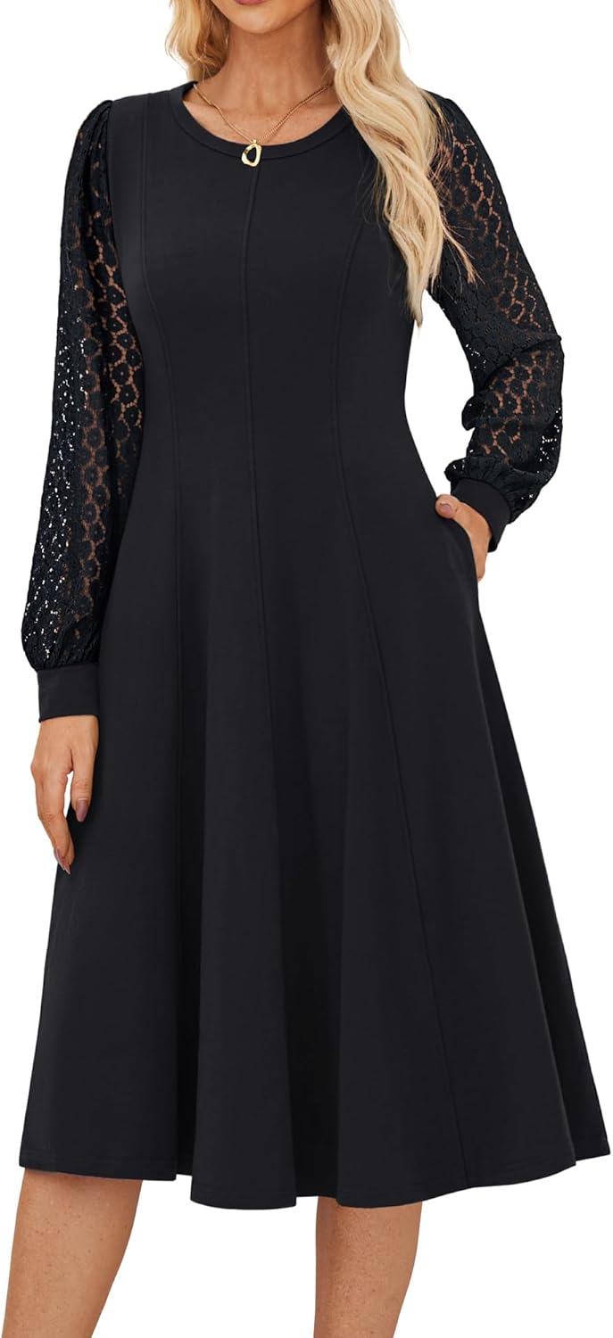 GRACE KARIN Elegant Women’s Midi Dresses Lace Long Sleeve Crew Neck A-Line Dresses Casual Solid Formal Cocktail Dress