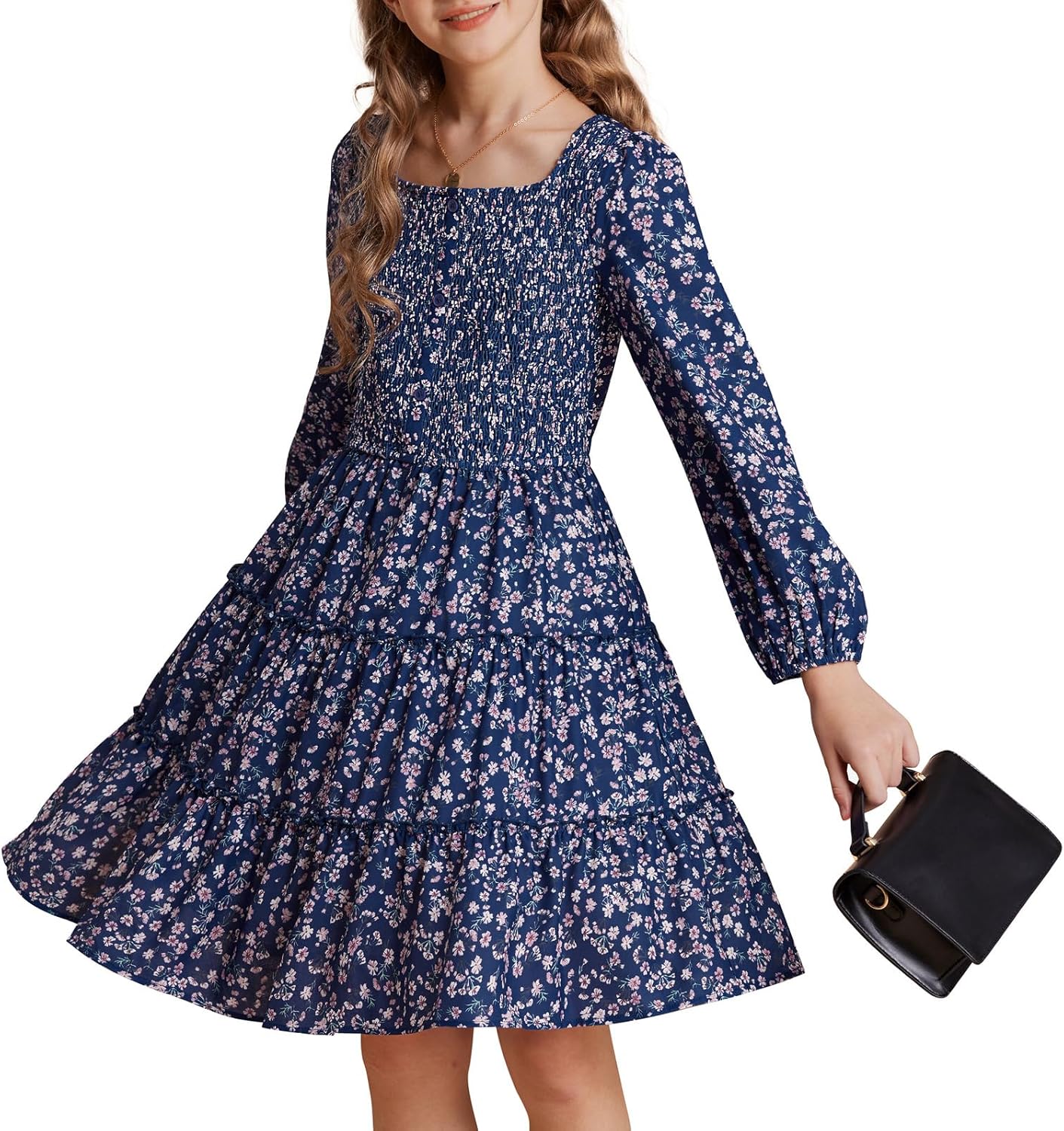 GRACE KARIN Girls Dress Spring Summer Casual Square Collar Floral Long Sleeves A line Dresses