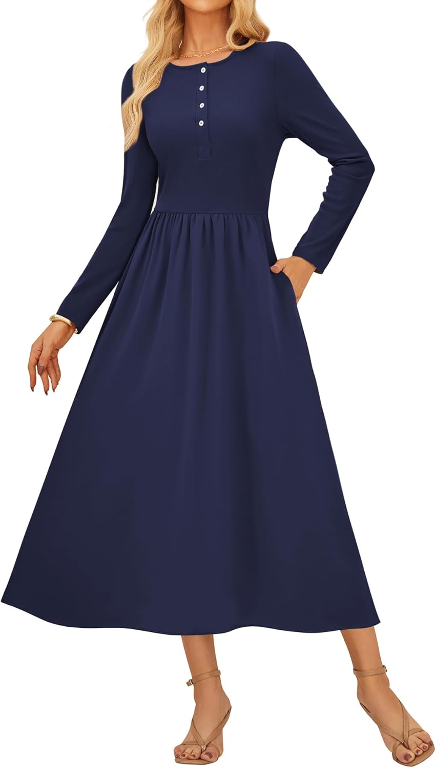 GRACE KARIN Long Sleeve Jumper Dress with Pockets, Crew Neck Button Down Winter Dresses for Women UK, Wedding Guest Prom Dress Elegant