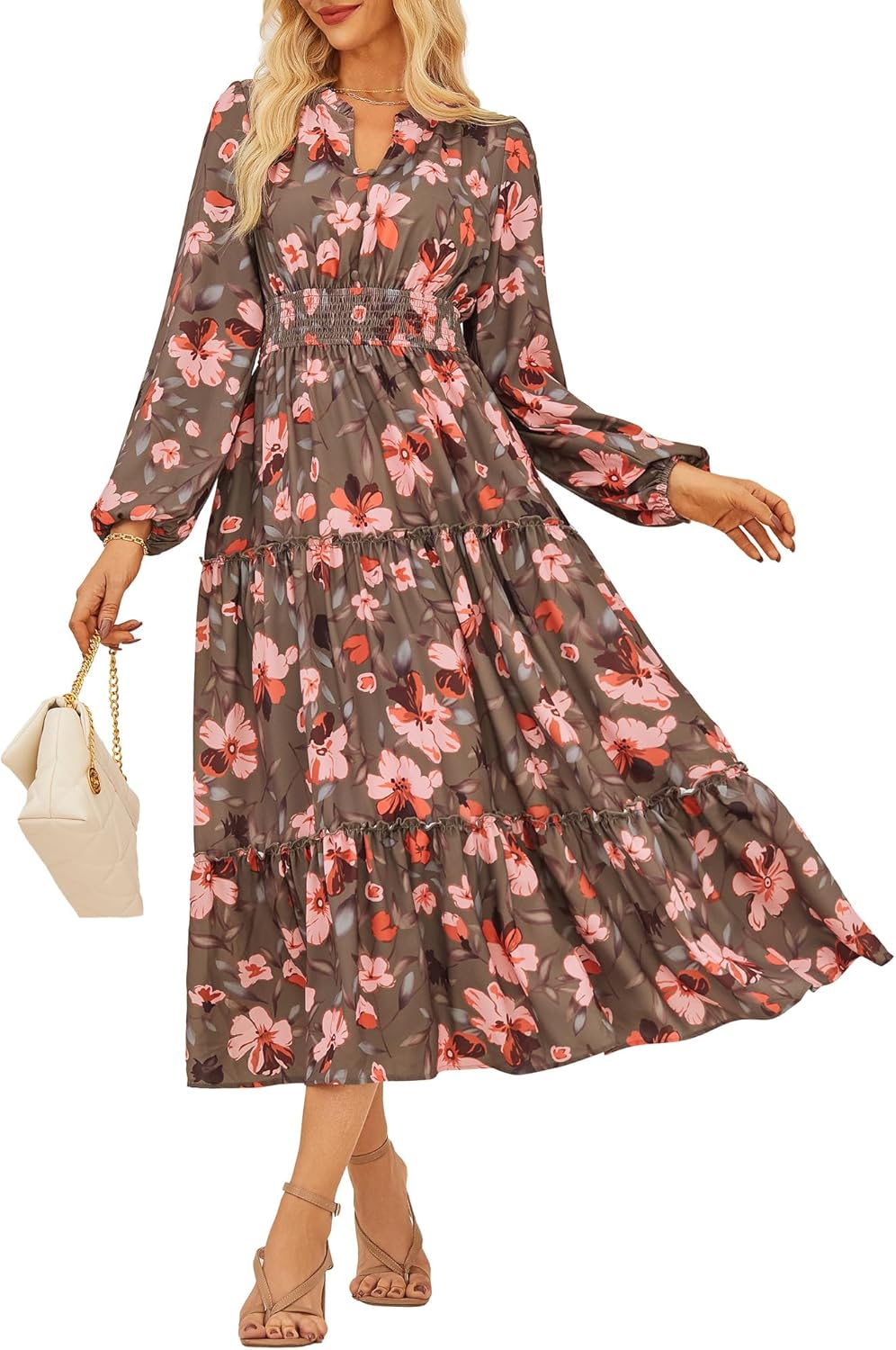 GRACE KARIN Women Elegant Maxi Dress Long Sleeve V Neck A Linie Floral Dress Smocked Waist