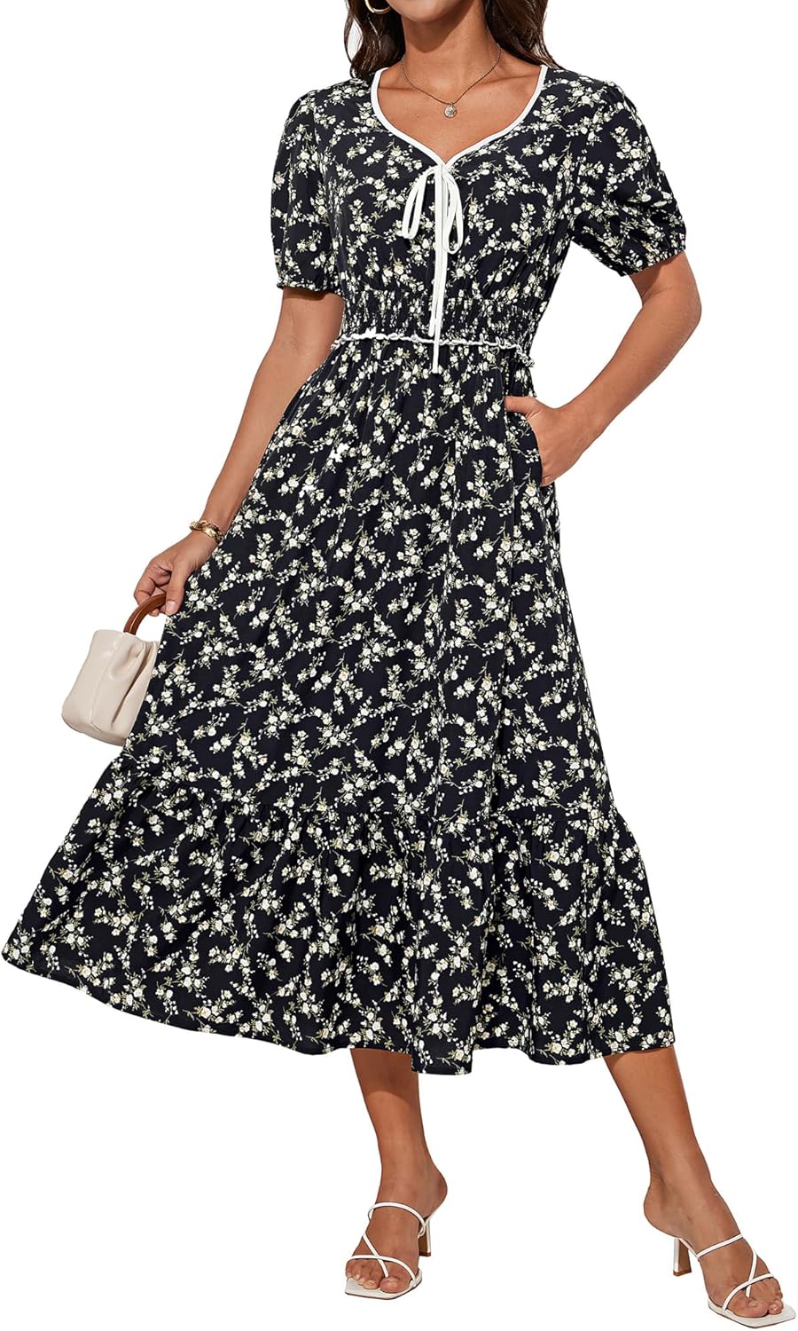 GRACE KARIN Women Elegant Midi Floral Dress Short Sleeve V Neck Summer Dress Elastic Waist