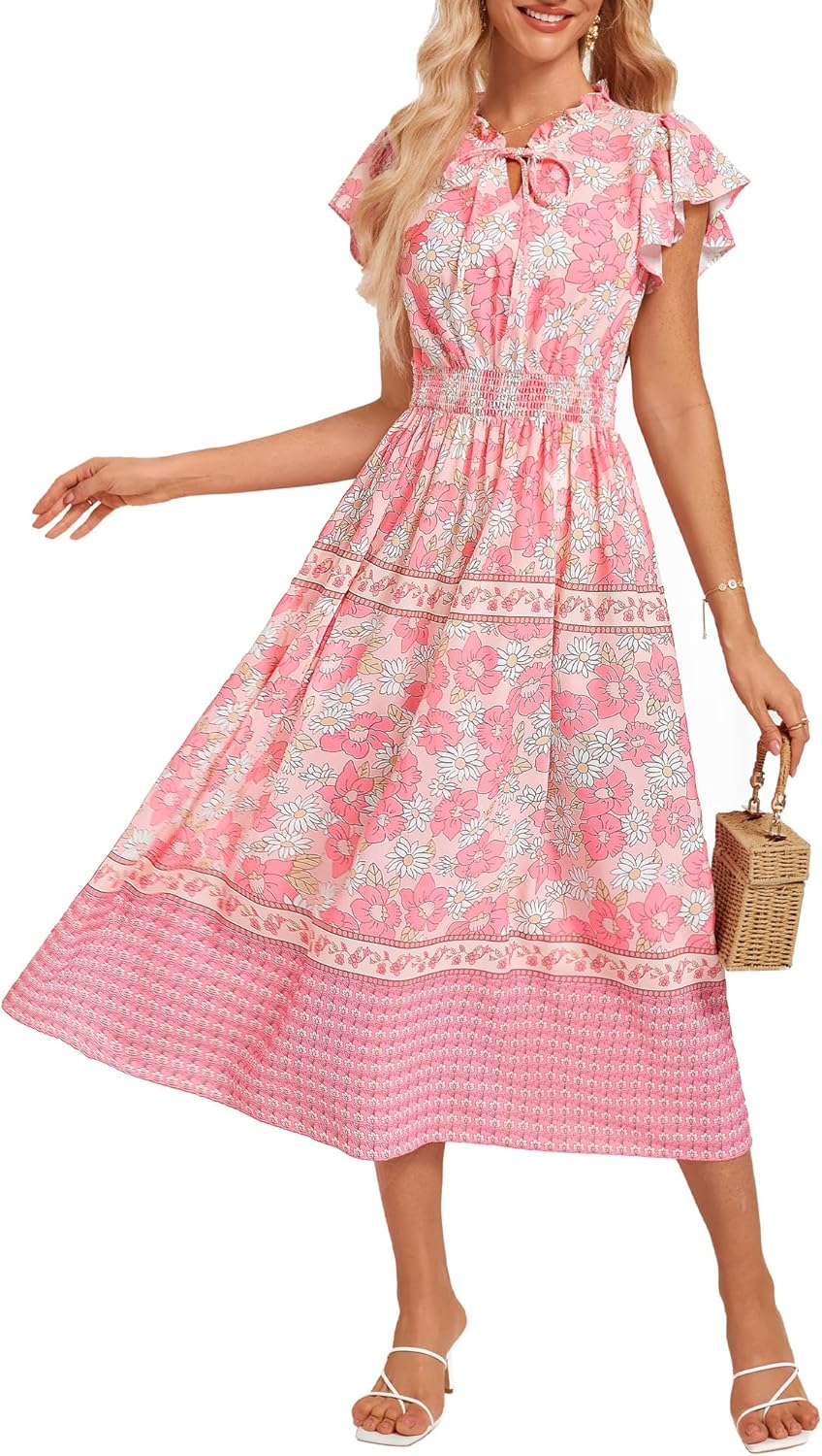 GRACE KARIN Women Summer Ruffle Sleeves Floral Dress Casual Crew Neck Flowy Swing Dresses Boho Beach Maxi Dress