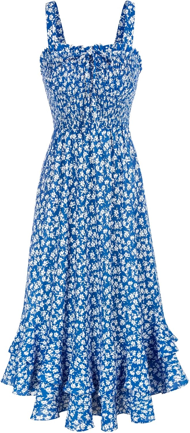 GRACE KARIN Women Summer Strappy Floral Maxi Dress Square Neck Dual Layer Hem Smocked Dress