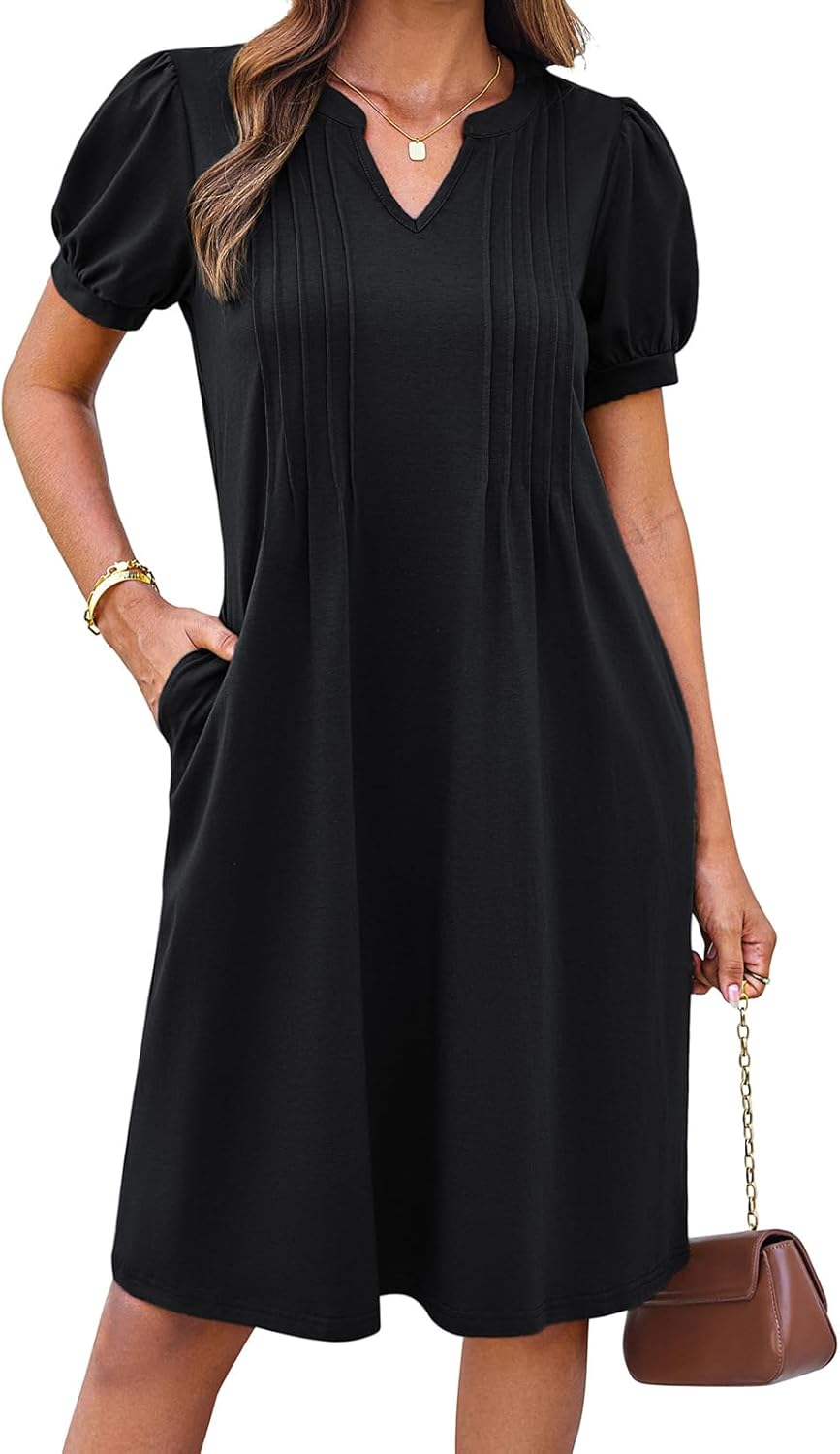 GRACE KARIN Women’s A-Line Short Sleeve Midi Casual Dress Solid Color Henley V-Neck Cotton Dress for Women UK