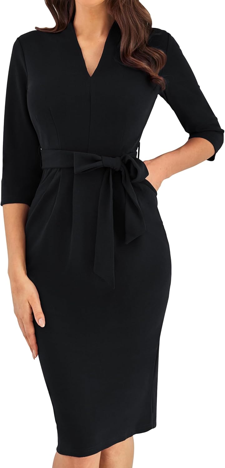 GRACE KARIN Women’s Cocktail Dress 3/4 Sleeve Elegant Wedding Guest Bodycon Belted Dresses with Pockets