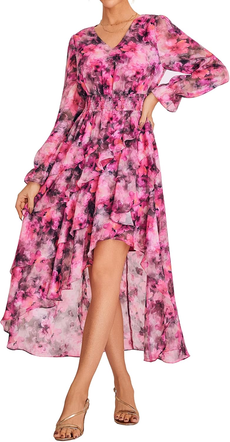 GRACE KARIN Women’s Dresses Summer A-Line Long Sleeve Floral Dress Elastic Waist Elegant Wedding Guest Dresses Irregular