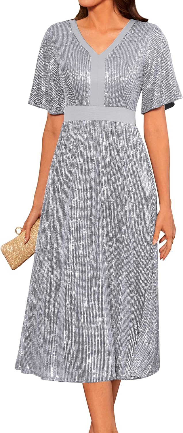 GRACE KARIN Women’s Elegant Sequin Dress Festive Wedding Guest Cocktail Dress Shiny Sequin Dress Evening Party
