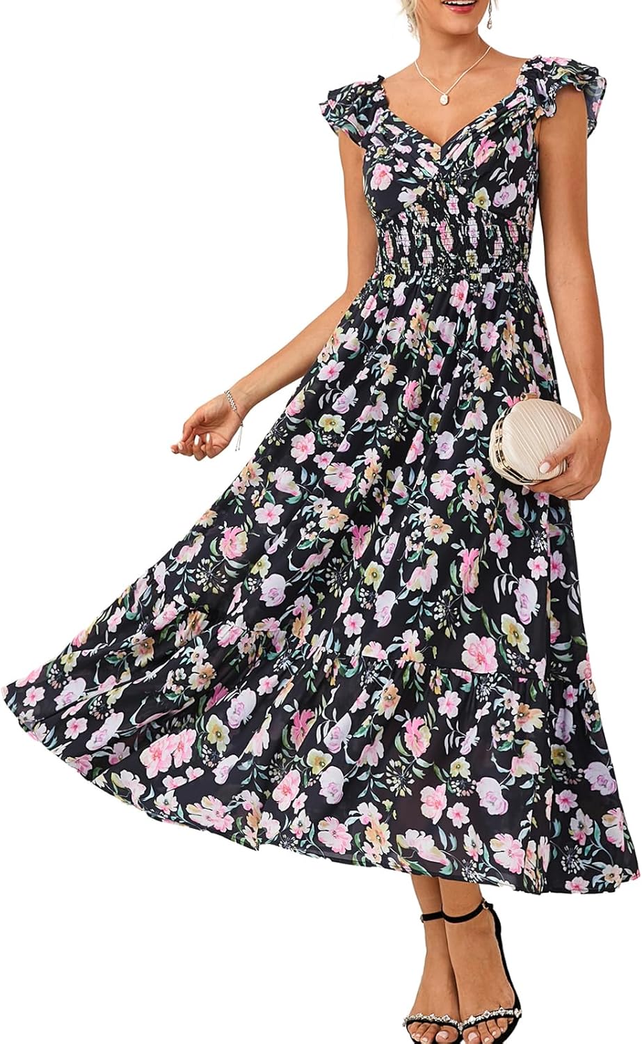 GRACE KARIN Womens Floral Summer Dress Pockets, V-Neck Ruffled Sleeves Smocked A-Line Dresses for Women UK, Wedding Guest Holiday Dresses Boho Beach