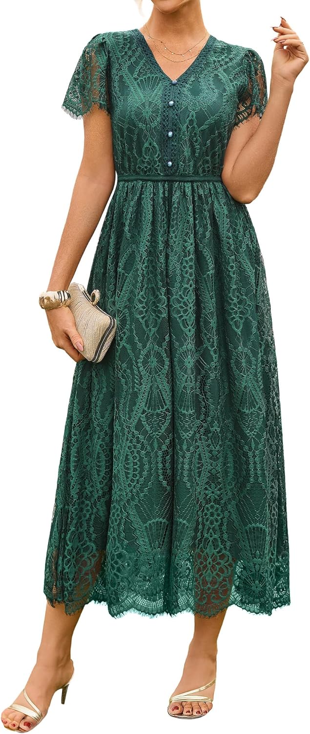 GRACE KARIN Women’s V-Neck A-Line Elastic Waist Short Sleeve Lace Dresses