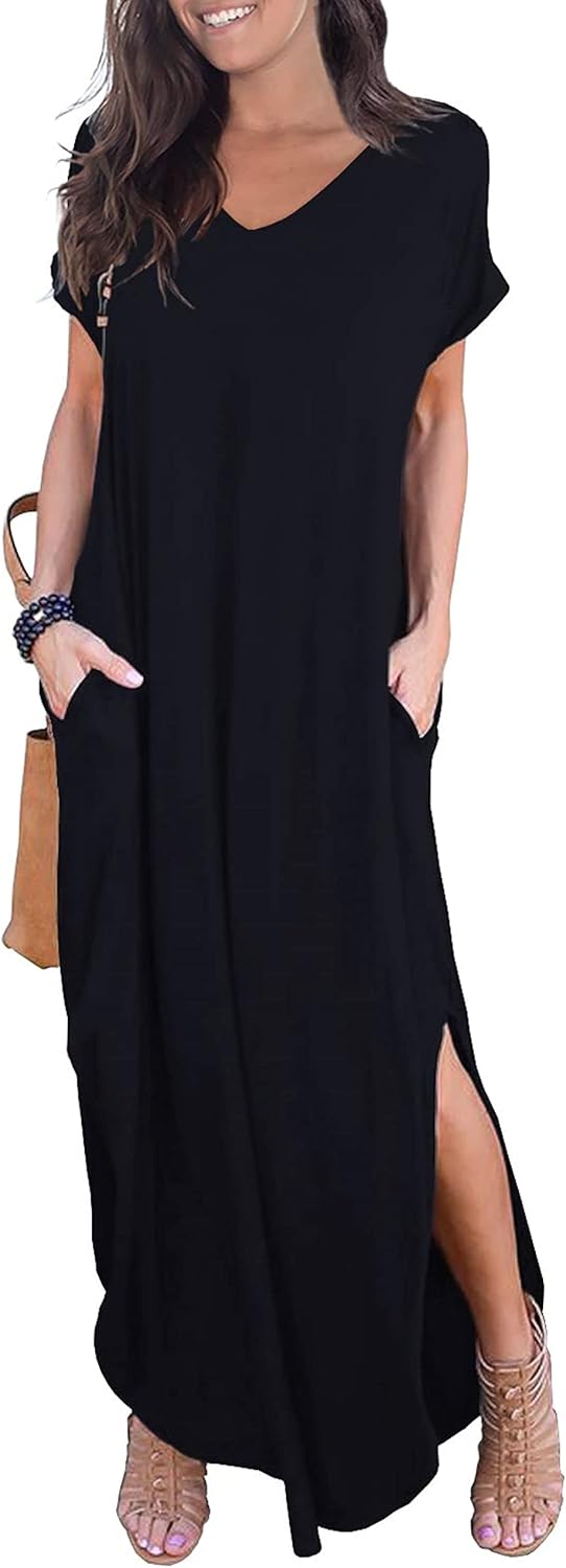 GRECERELLE Women Maxi Long Dress Summer Casual Short Sleeve V Neck Maxi Dresses with Pocket