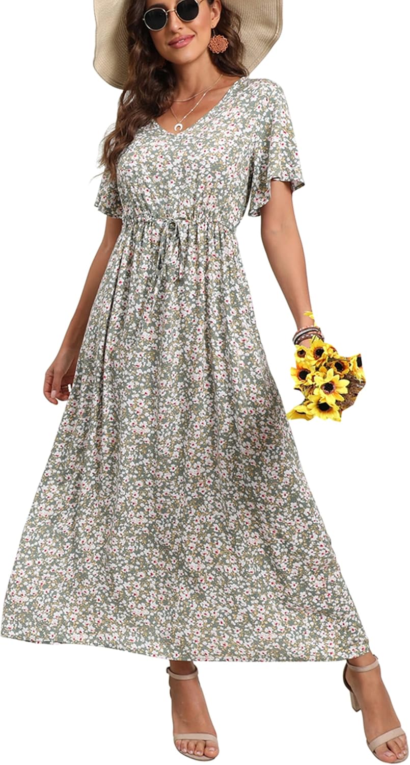 GRECERELLE Womens Summer Maxi Boho Beach Dress Floral Print Dress V Neck Short Sleeve Drawstring High Waist Flowy Long Midi Dresses