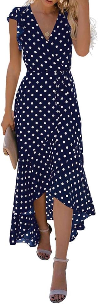 GRECERELLE Womens Summer Maxi Dress Boho Floral Cocktail Midi Polka Dot Wrap Dresses V Neck Casual Party Bohemian Flowy Long Dress for Ladies