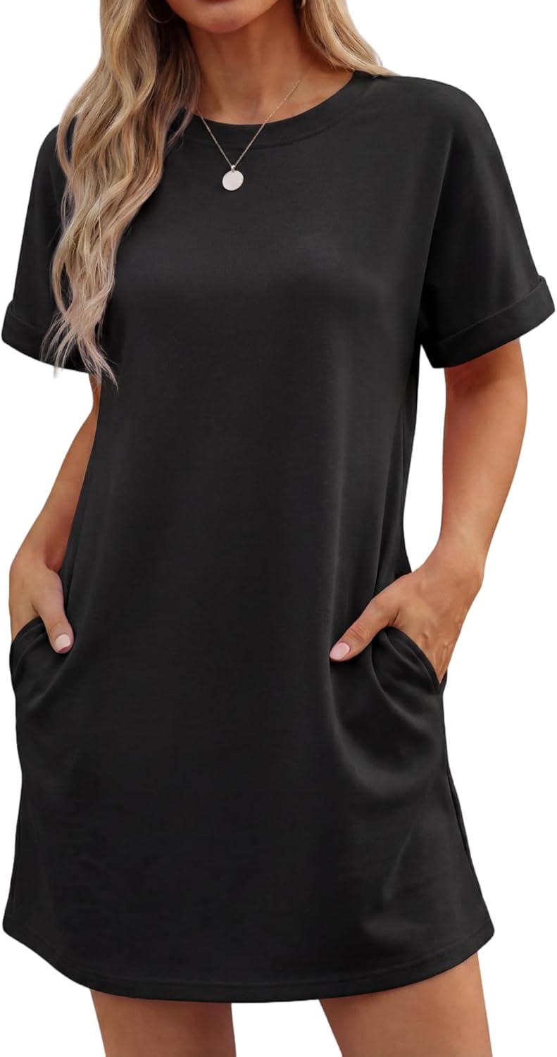 GRECERELLE Womens Summer Mini Dress Cap Sleeve Crew Neck T Shirt Short Casual Beach A Line Dresses with Pockets