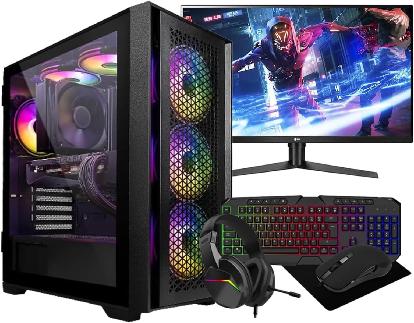Gaming PC Desktop Computer Bundle – Intel Core i7-3770 -16GB RAM – RTX 3050 6GB Graphics – 256GB SSD+1TB HDD – 500W 80+PSU – 6 Fans RGB Gaming Case – Wi-Fi, Windows 11 – 22″ Monitor Bundle