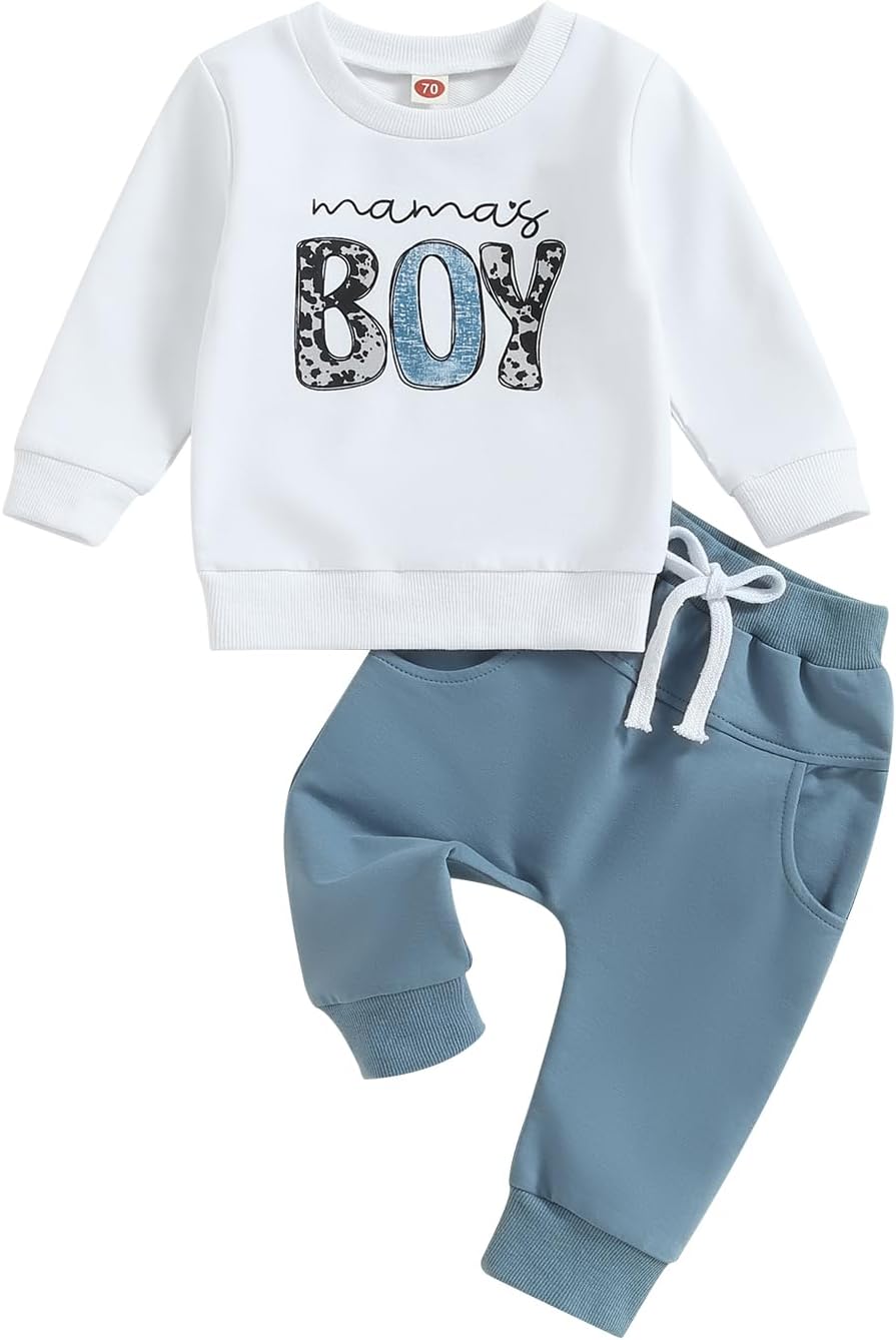 Geagodelia 2Pcs Baby Boys Outfit Mama’s Boy Clothes Set Newborn Toddler Clothing Sweatshirt Long Sleeve Top + Pants Autumn Winter Baby Grows 0-3 Years