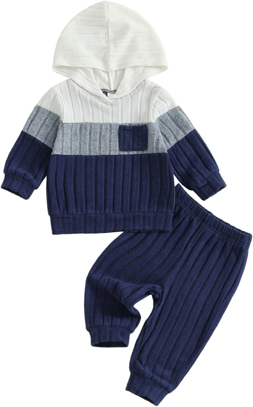 Geagodelia Infant Baby Boy Outfits Hooded Sweatshirt Patchwork Colour Long Sleeve Fall Romper Elastic Outfit Clothes Solid Color Pants Set