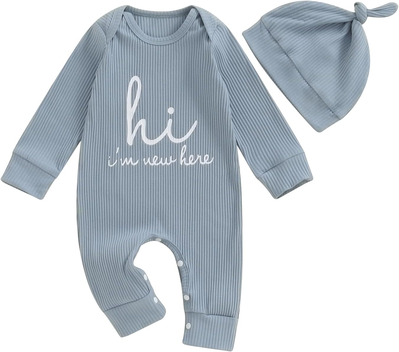 Geagodelia Newborn Baby Boy Hello Im New Here Baby Grow Long Sleeve Romper One Piece Outfit with Hat Cotton Autumn Winter Clothes for Babies
