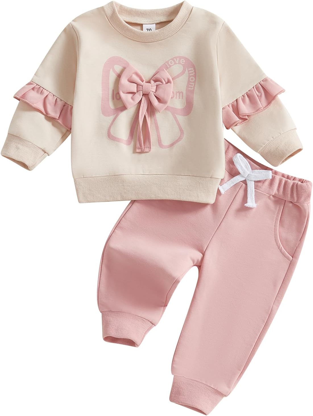 Geagodelia Toddler Baby Girl Outfits 3D Bow Love Mom Print Sweatshirt Solid Color Joggers Trouser Fall Winter Cute Clothes Set