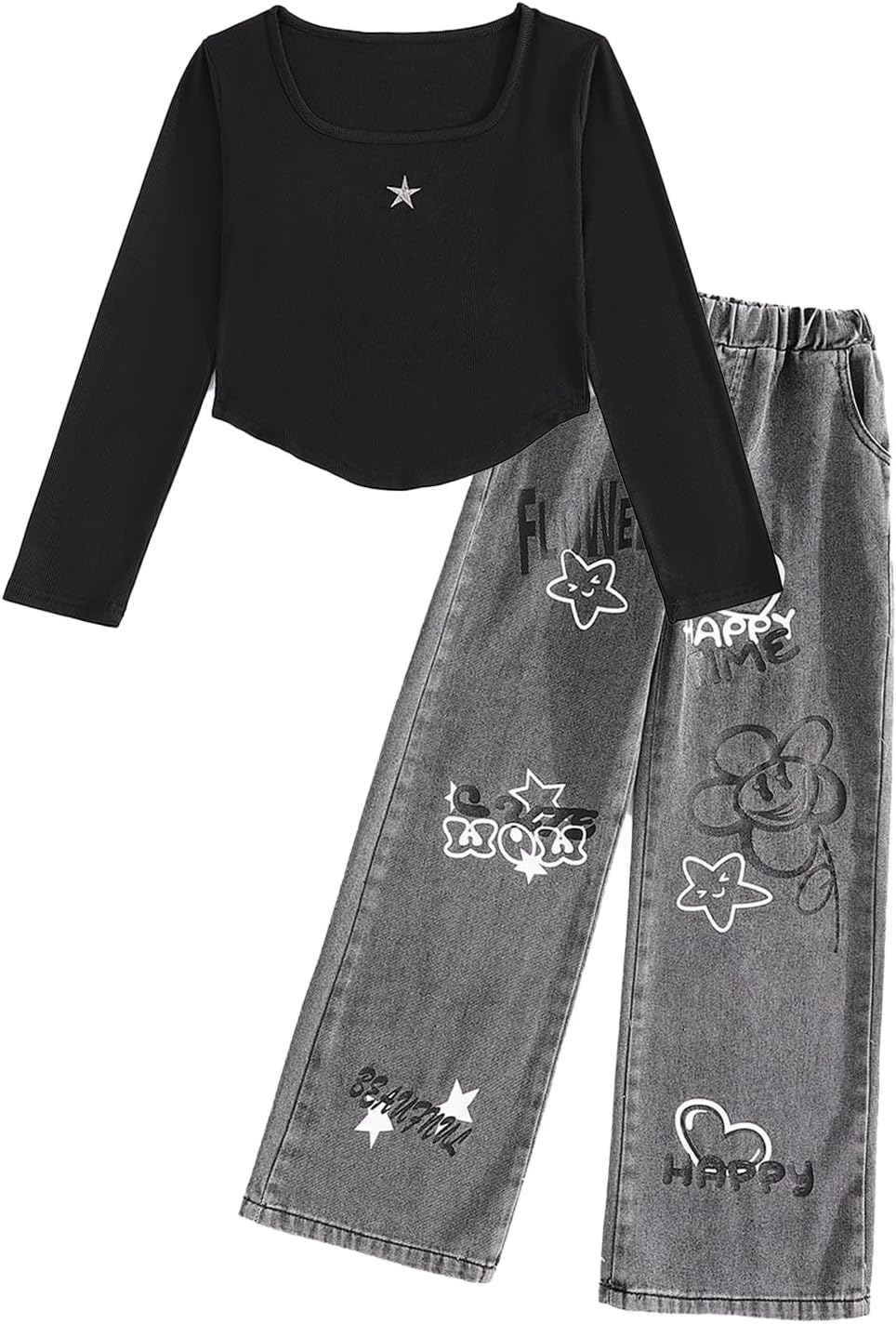 Girls Clothes Set Teen Long Sleeves Skim Tops + Jeans Heart Flower Denim Trousers Outfit 2Pcs 7-12T