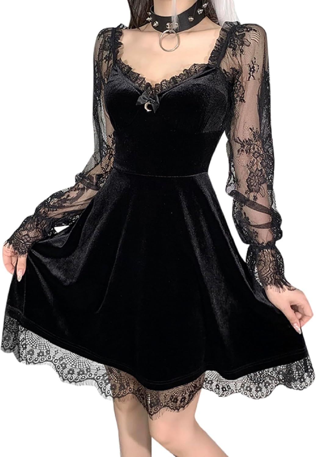 Gothic Lace Velvet Short Dress V Neck Half Moon Sexy Halloween Party Dress Cocktail Casual Mini Dress
