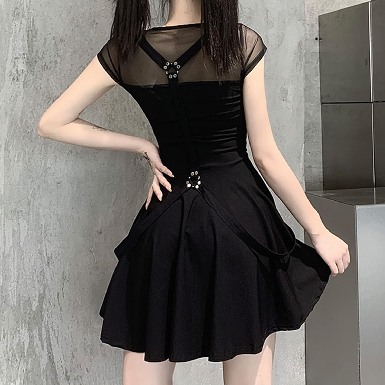 Halloween Dress Gothic Steampunk Black Lolita Sexy Slim Slip Dresses Short Sleeve Hollow Eyelet Lace Prom Dress