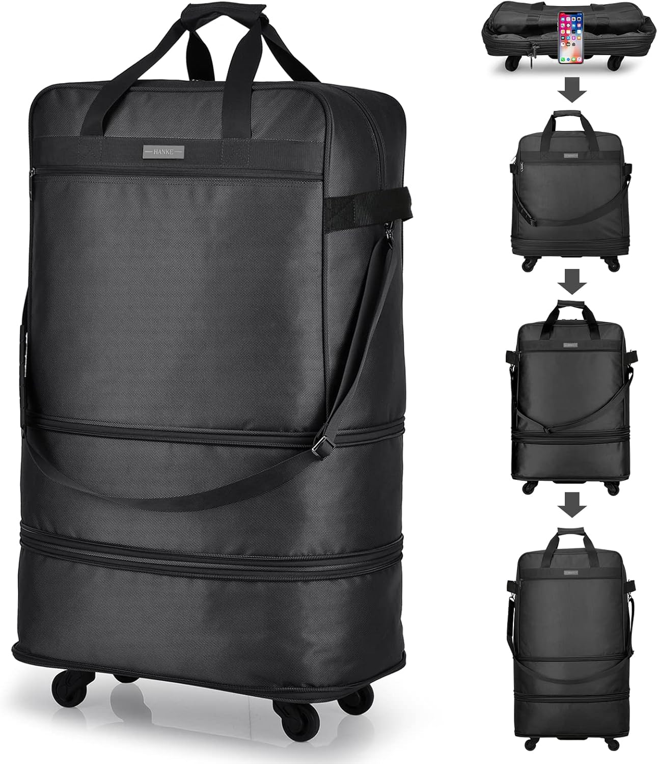 Hanke Expandable Large Suitcase 4 Wheels Lightweight Collapsible,Foldable Suitcases &Travel Bags Hand Luggage Extend 20/24/28 inch Suitcases Duffel Bag Without Telescopic Handle for Men & Women,Black