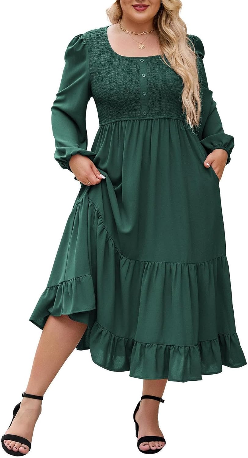 Hanna Nikole Women Plus Size Dress Long Sleeve Smocked Tiered Autumn Maxi Dress A-line Wedding Guest Dresses with Pockets