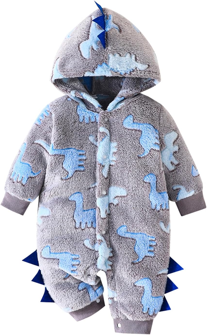 Infant Baby Boy Plush Hooded Jumpsuit Dinosaur Pattern Button Front Long Sleeve Hoodie Romper Toddler Bodysuit Fall Winter Clothes