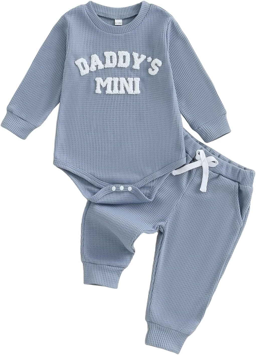 Infant Baby Boys Fall Outfits Letters Embroidery Waffled Long Sleeve Romper Tops Elastic Waist Pants 2 Pieces Clothes Set