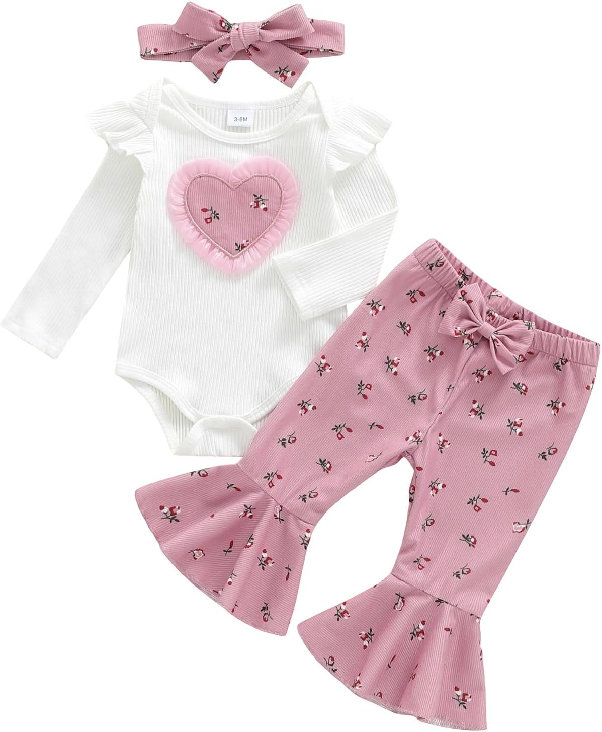 Infant Baby Girl Outfit Newborn Fall Winter Clothes Heart Pattern Long Sleeve Ribbed Romper Knitted Top Floral Flared Trouser Bow Headband 0-18M