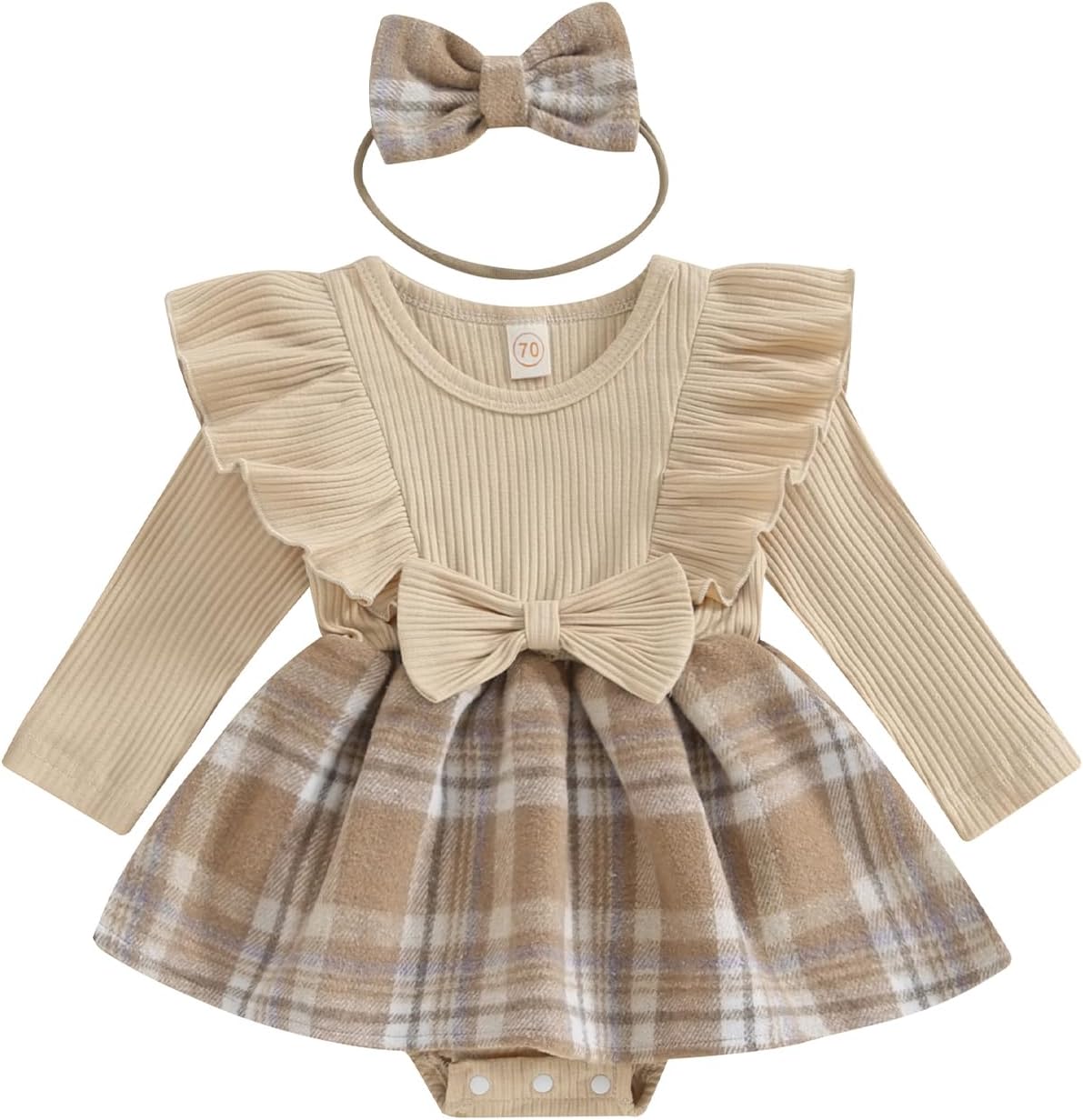 Infant Baby Girls 2Pcs Dress Outfits Ruffle Long Sleeve Plaid Print Skirt Romper with Headband Set Cute Fall Short Skirt Set