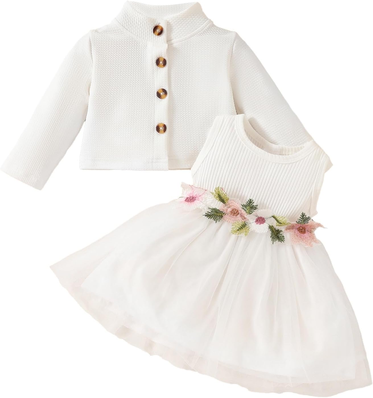 JiAmy Baby Girls Dress Outfits Sleeveless Floral Print Tulle Tutu Dresses Long Sleeve Waffle Cardigan Coat 2Pcs Clothes Set for Toddler Girl 6 Months-3 Years