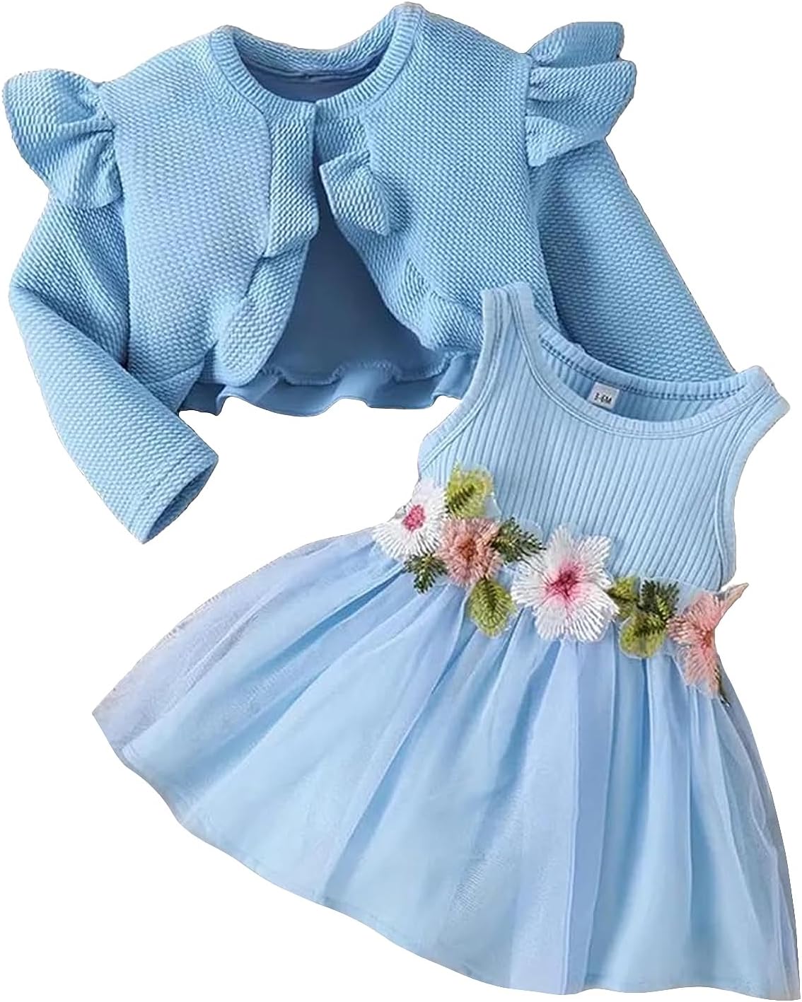 JiAmy Baby Girls Dress and Cardigan 2PCS Fall Outfits Sleeveless Floral Dresses Ruffle Sleeve Waffle Coat Clothes Set for Toddler Girl 3 Months-3 Years