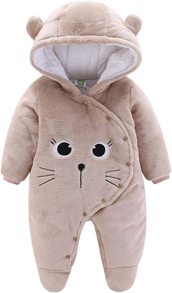 JiAmy Newborn Baby Winter Hooded Romper Fleece Snowsuit Jumpsuit Cartoon Cat Outfits 0-12 Months