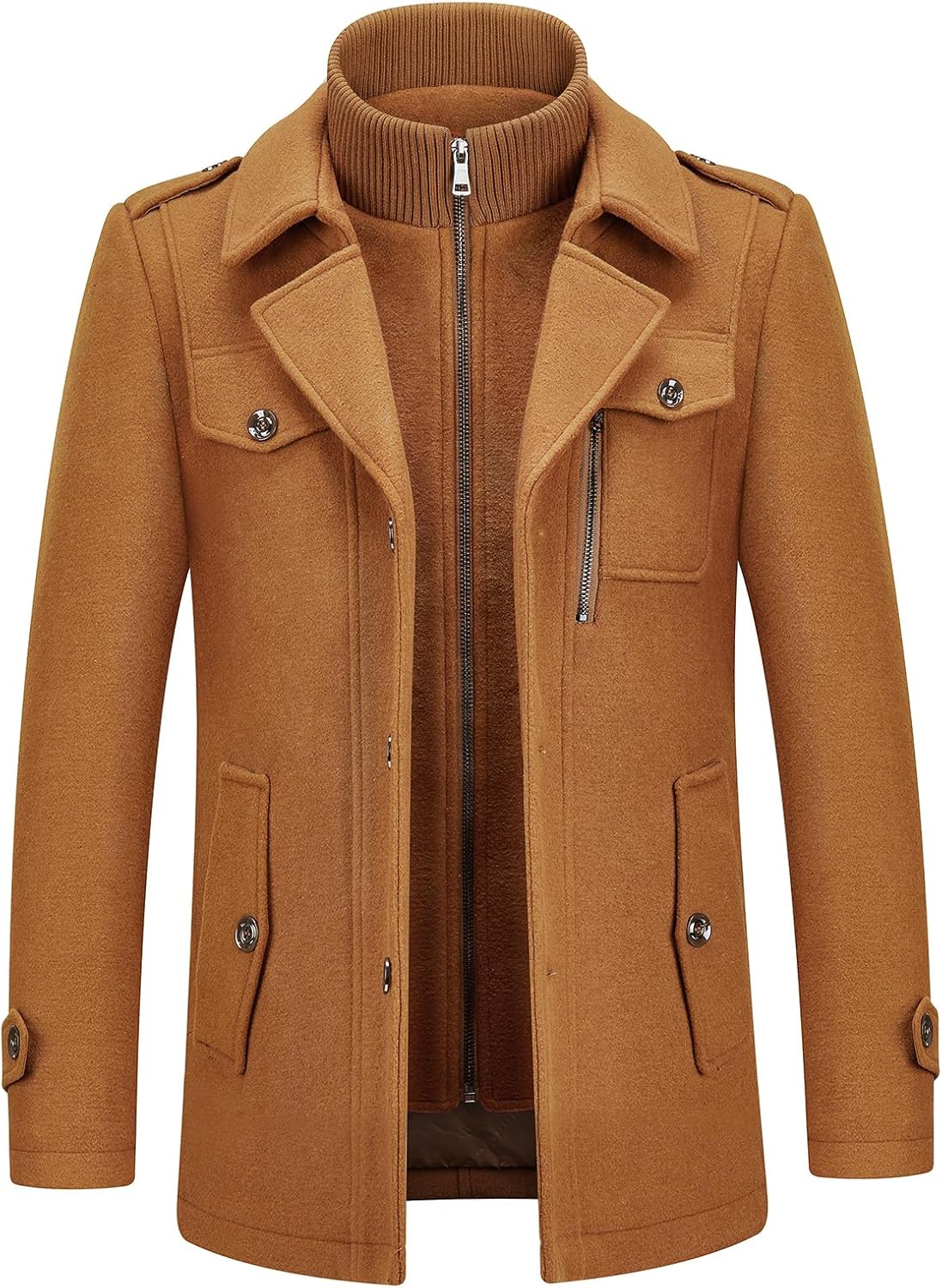 KUDORO Mens Wool Coats Short Winter Padded Trench Coat for Casual Business Outwear Thick Wool Blend Peacoat with Removable Inner Collar