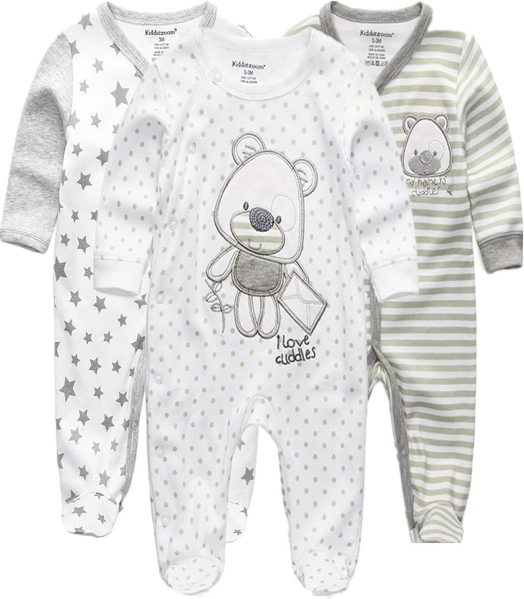 Kiddiezoom Newborn Baby Rompers Snug Fit Footed Cotton Pajamas Long Sleeve One-Piece Sleepsuit