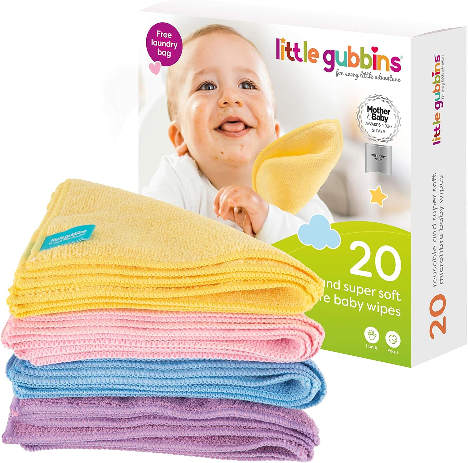 Little Gubbins 20 Reusable Baby Wipes + Free Laundry Bag | Soft 20x20cm Washable Cloths for Faces, Hands, Feeding & Cleaning | Weaning Essential | Perfect Newborn Gift