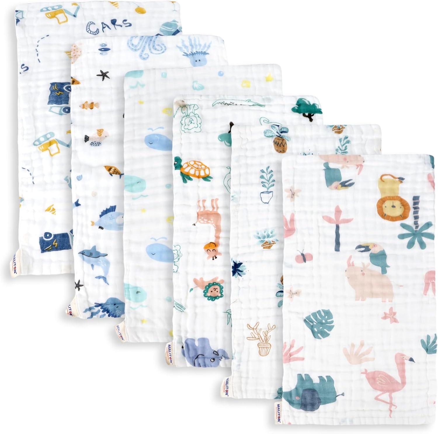 Maliton Muslin Cloths for Baby, 6 Pack Burp Cloths for Baby,100% Cotton 6 Layers Absorbent& Soft& Breathable Baby Muslins Pack,50x25CM Muslin Squares Baby Essentials for Newborn(Animals& Cars, 6 Pack)