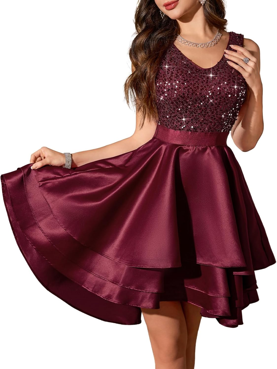 Meetjen Women’s Satin Homecoming Dresses for Teen Formal Short Sequin Cocktail Dress High Low V Neck A-line Prom Dress