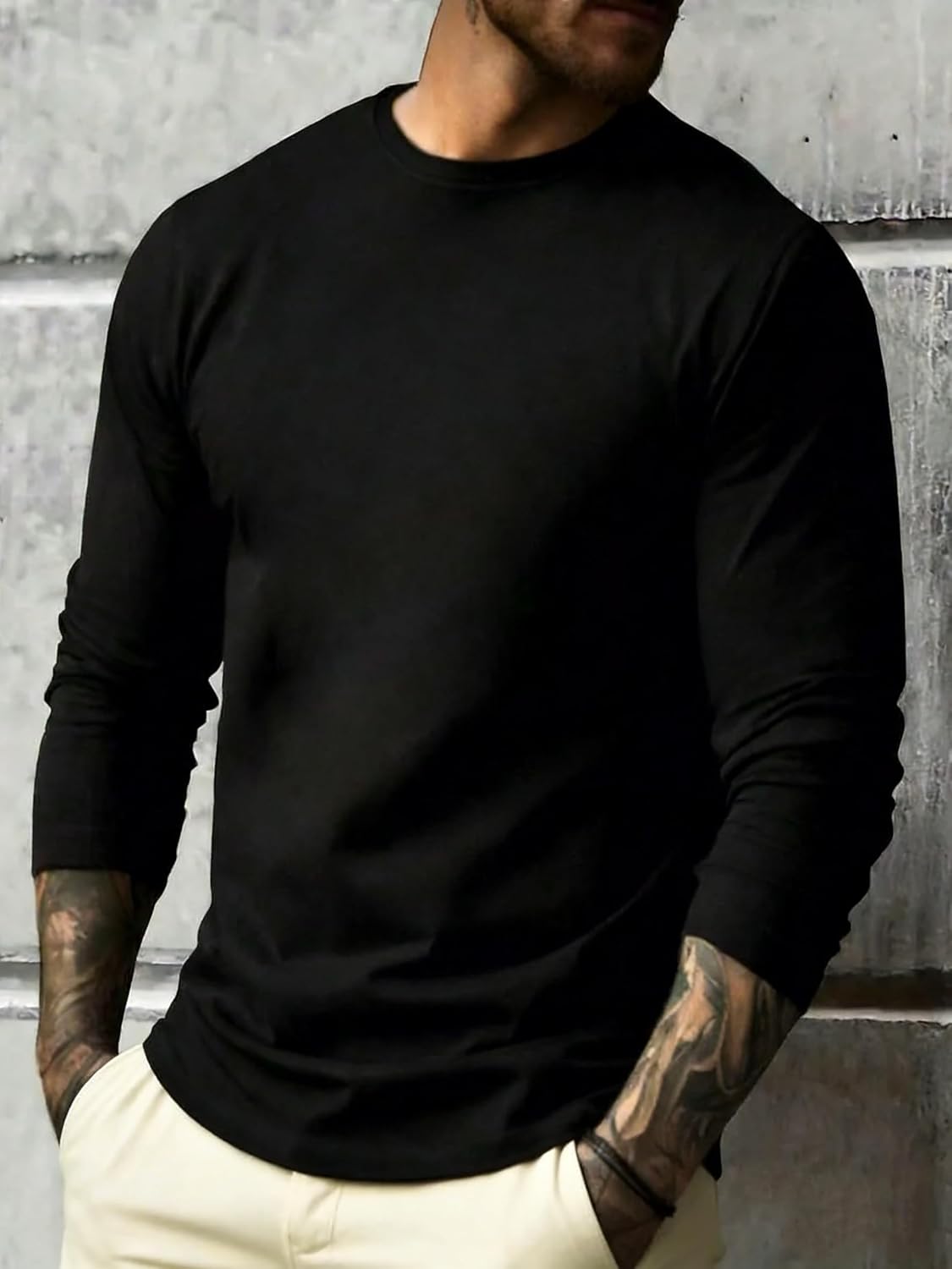 Men Solid Long Sleeve T-Shirt, Casual Tee Top XS-XXL