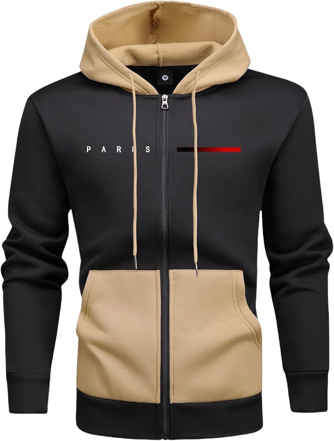 Men’s Autumn/Winter Paris Letter Print Color Block Zipper Hooded Jacket Top Sports Travel Vacation Outdoor