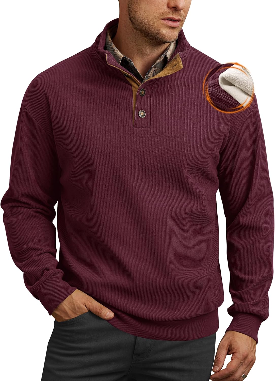 Mens Corduroy Fleece-Lined Sweatshirts Winter Warm Heavyweight Casual Quarter Button Pullover (M-XXL)