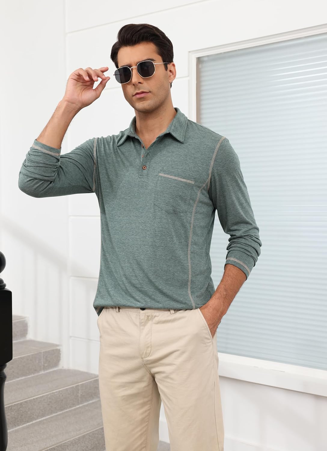 Mens Long Sleeve Polo Shirts Casual Cotton Polo T-Shirts with Pocket Golf Tops