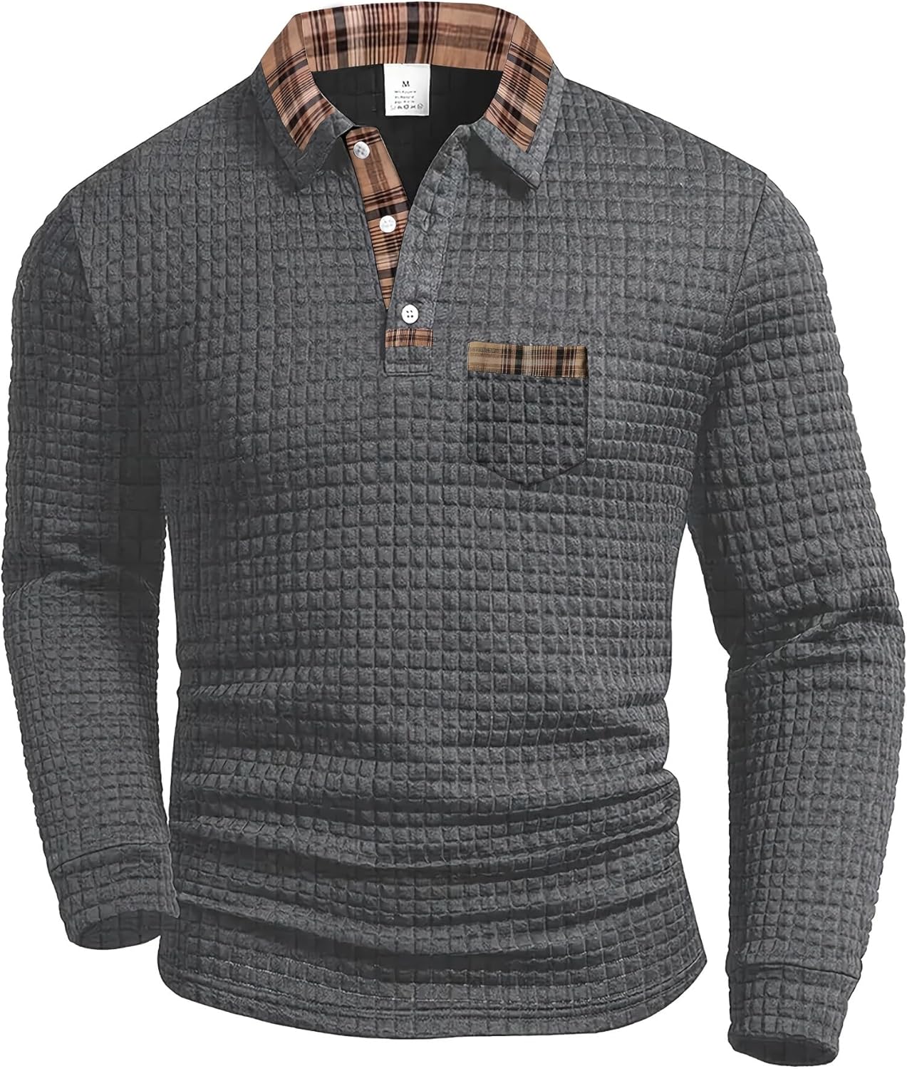 Men’s Long Sleeve Waffle Polo Shirt, Stylish Shirt with Plaid Collar and Pocket, Casual Top for Everyday Wear