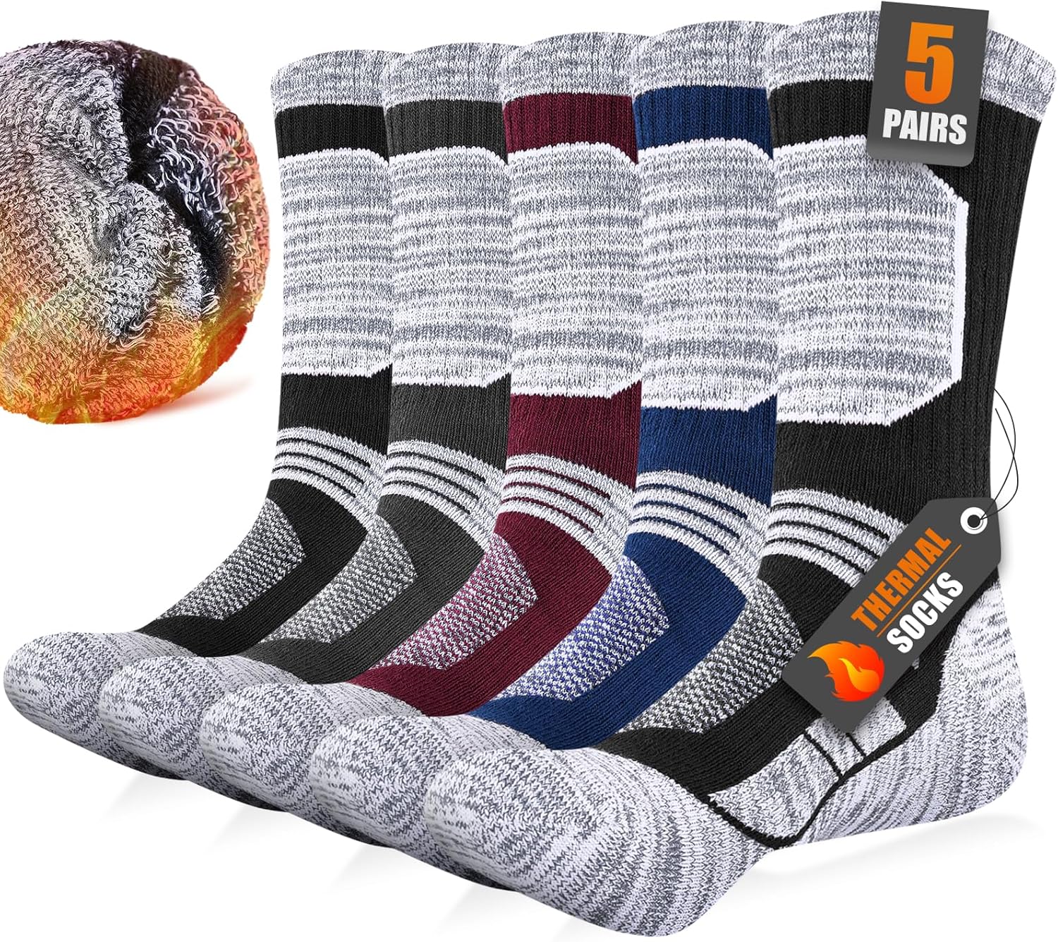 Mens Thermal Socks Thick Warm Winter Work Boot Socks, Cushioned Cotton Outdoor Sports Crew Sock for Walking Hiking Cycling Running Multipack 5 Pairs