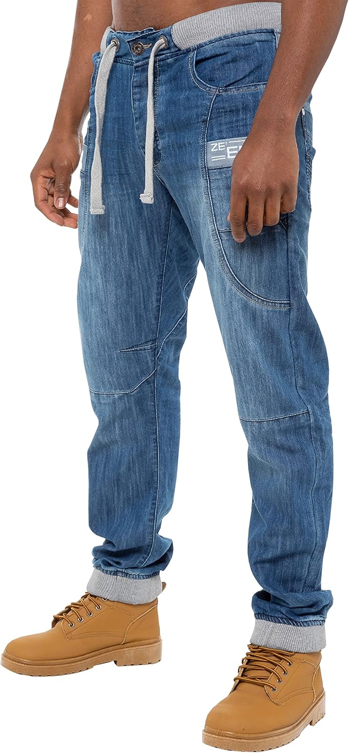 New Mens ENZO Branded High Fashion Designer Ribbed Cuffed Joggers Denim Jeans 28-48