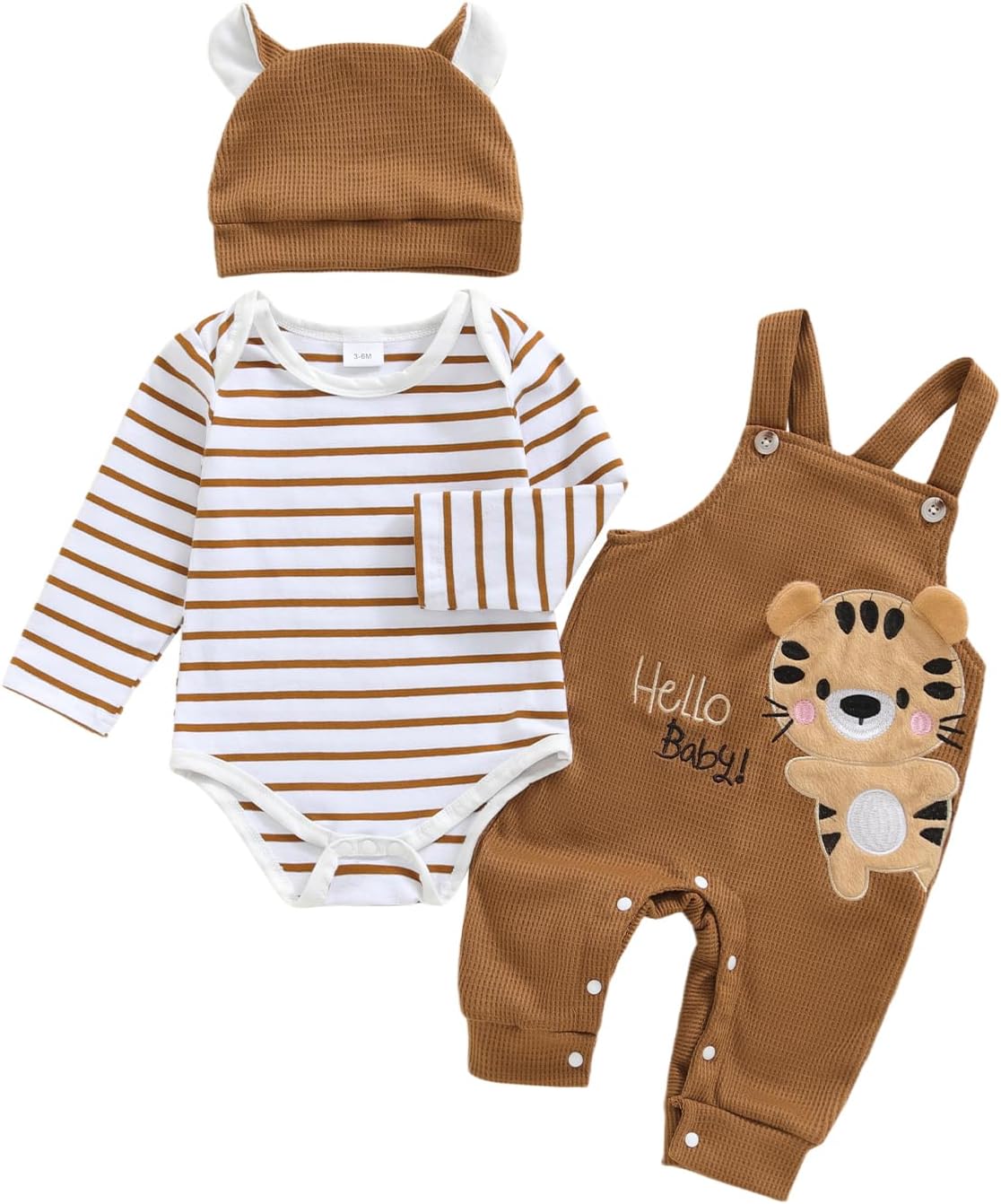 Newborn Baby Boy Clothes Long Sleeve Striped Romper with Cute Animal Embroidery Overalls and Hat Infant Boys Clothing Sets 3Pcs Fall Outfit