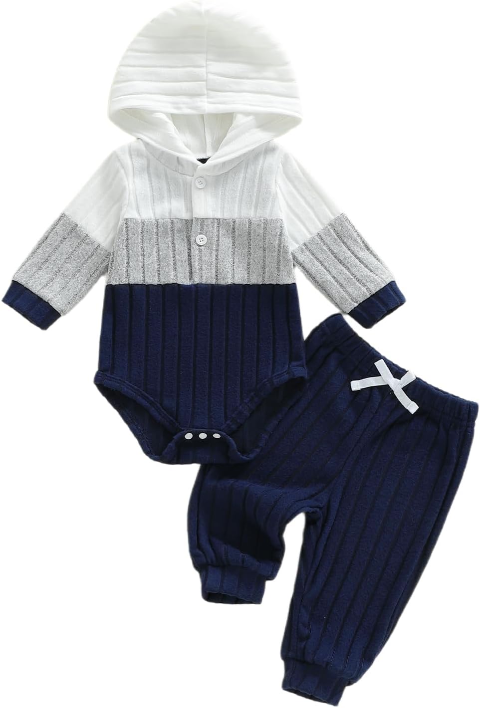 Newborn Baby Boys Clothes Set Contrast Color Long Sleeve Button Hooded Romper Top Long Pants 2Pcs Fall Winter Knit Outfits